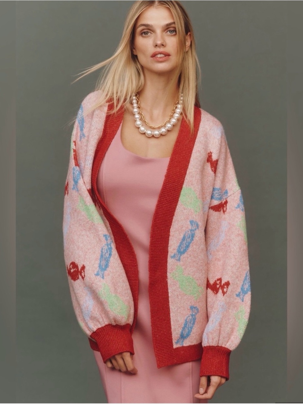 Bel Kazan pink Candy-Print Open Cardigan with Red Trim - Anthropologie o/s